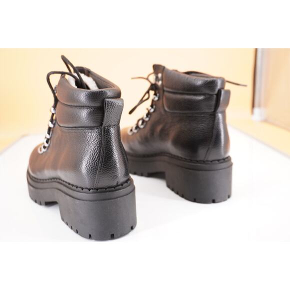 Marc Fisher Nairy Black Leather Shearling ankle boot size 7.5 biker Lugg wool - Picture 2 of 11